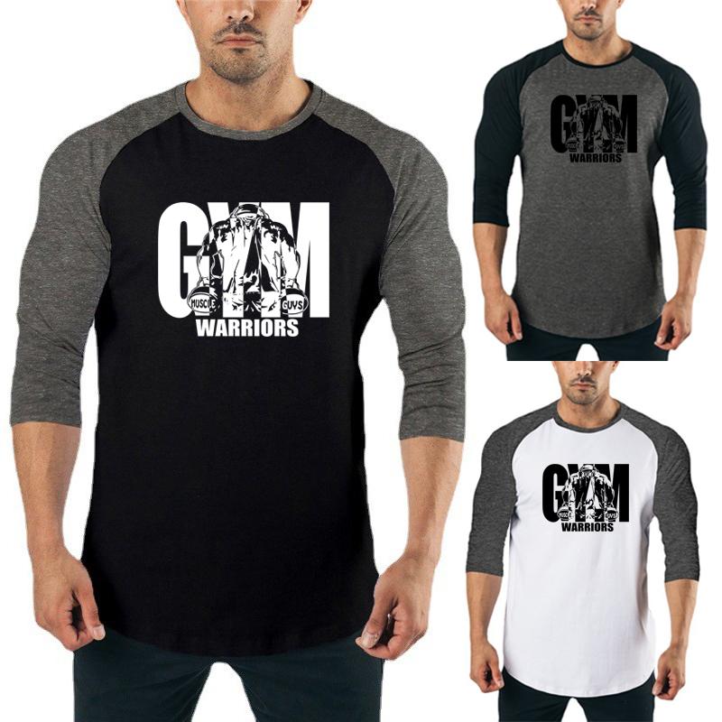 Muscleguys Gym Warriors Clothing Mens Running T-shirt Spring Autumn Three Quarter Sleeve T Shirt Patchwork Fitness Tee Shirts Sports Tshirt