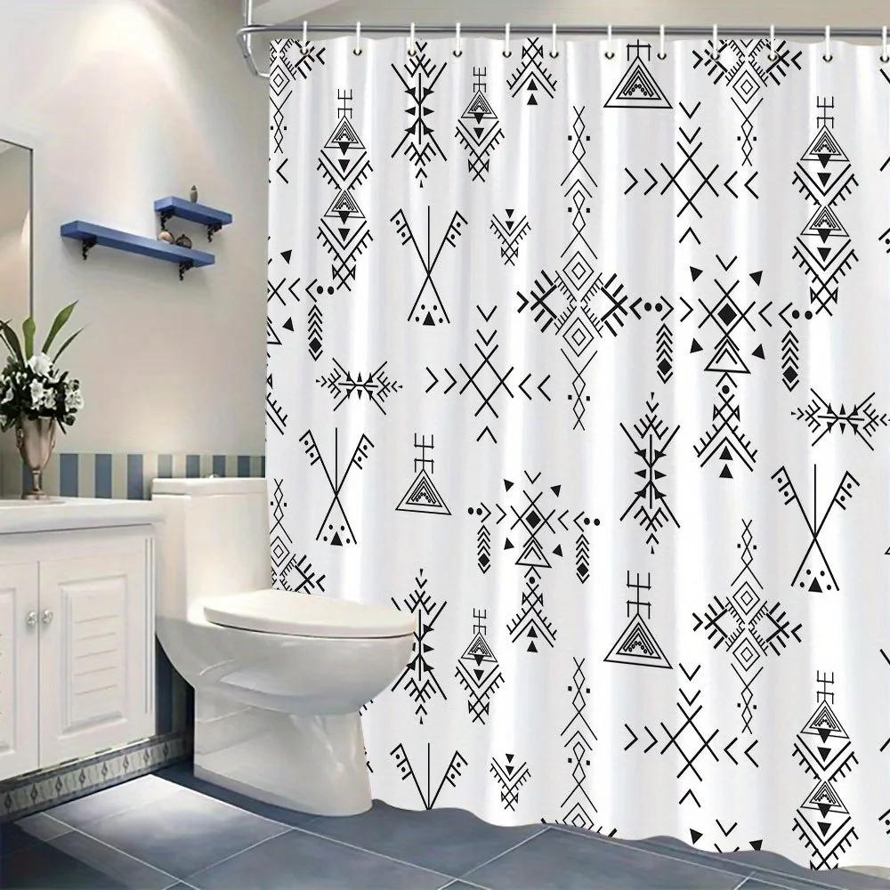 Black Tribal Geometric Shower Curtain - 70x70 Inches, Polyester, Machine Washable, Modern Minimalist Design,  Fashion Theme