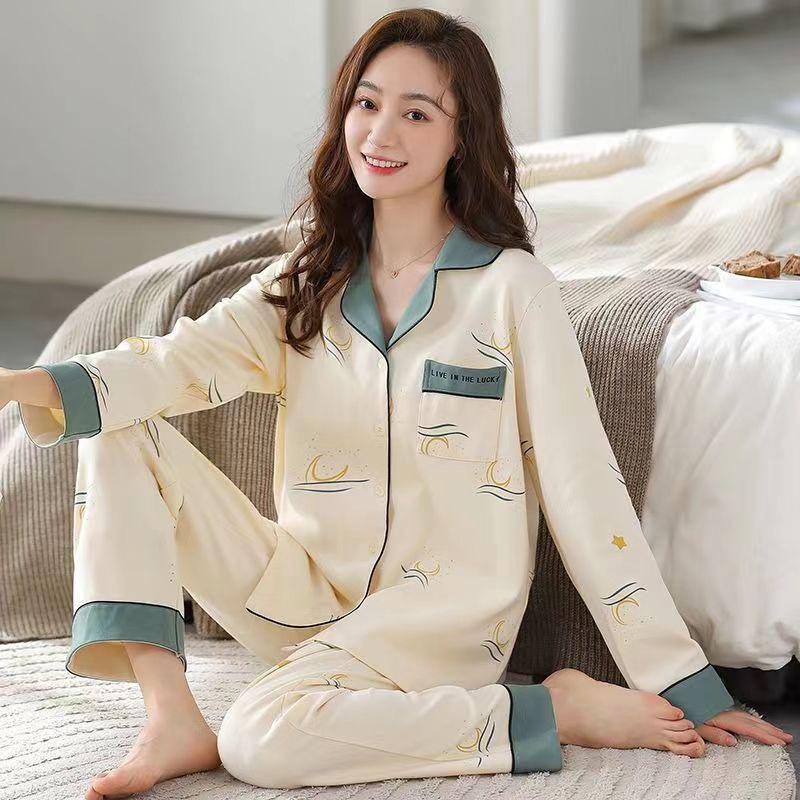 Spring, Autumn And Winter Pajamas Women'S Japanese Simple Cardigan Long-Sleeved Trousers Loose Large Size Can Be Worn Outside Loungewear Two-Piece Set