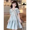 Girls Navy Collar Short Sleeve Dress Middle Kids Preppy Princess Skirt Student Daily Wear