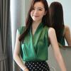 Real video summer sleeveless chiffon shirt femininity thin V-neck OL satin shirt vest