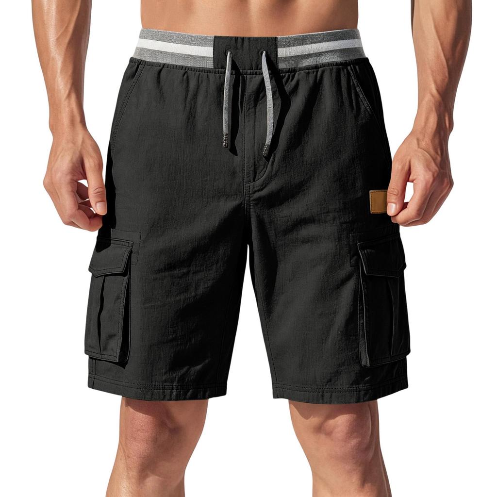 Pantalones Cortos Cargo Ligeros Transpirables con Cintura Elástica y Cordón, Estilo Casual Vintage para Hombre, Múltiples Bolsillos para Actividades al Aire Libre