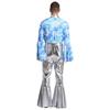 Mens Metallic Bell Bottom Disco Jumpsuit Turn Down Collar Flared Sleeves Printed Bodice Bodysuit Party Costume