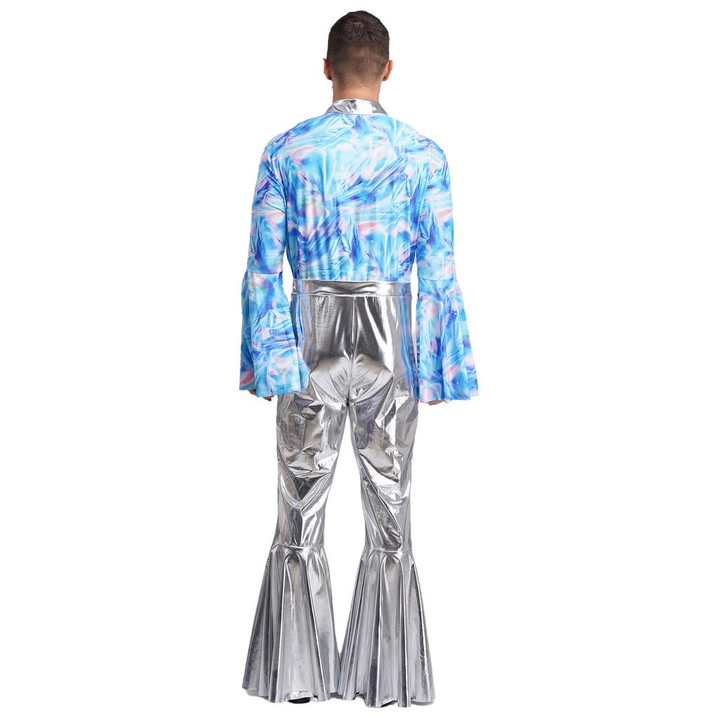 Mens Metallic Bell Bottom Disco Jumpsuit Turn Down Collar Flared Sleeves Printed Bodice Bodysuit Party Costume