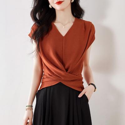 Women Rust Color V Neck Wrap Blouse With Cap Sleeves And Waist Twist Design Casual Office Top