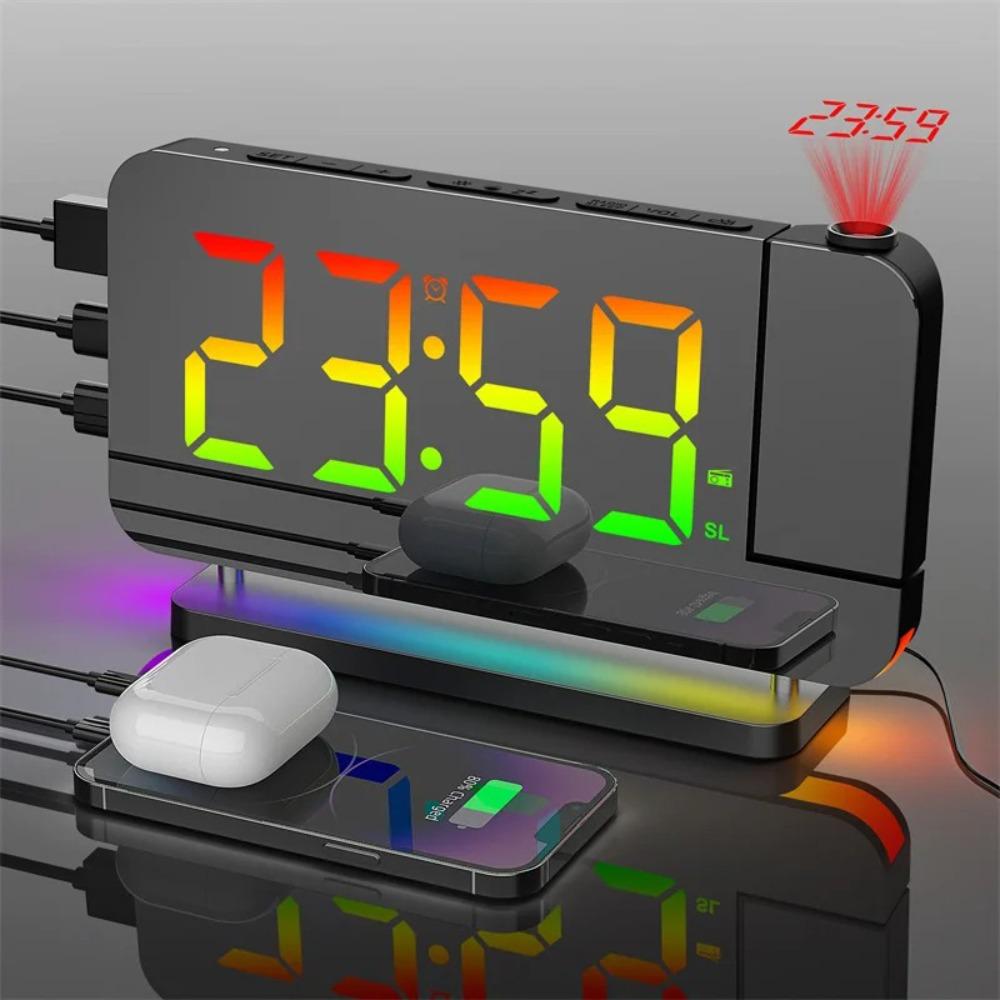 

НОВЫЙ RGB Проекционный Будильник с Подсветкой Настроения Функция Повтора Автоматическое Затемнение FM-радио Часы Формат 12/24 часа Настольные Часы Дом чёрный