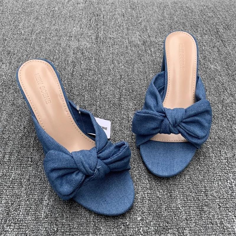 

Мода 2025 Женские туфли на блочном каблуке для свадьбы для невест, которые ценят комфорт и стиль, плиссированный бант, белые, синие, сандалии для вечеринки, большой размер 42 синий