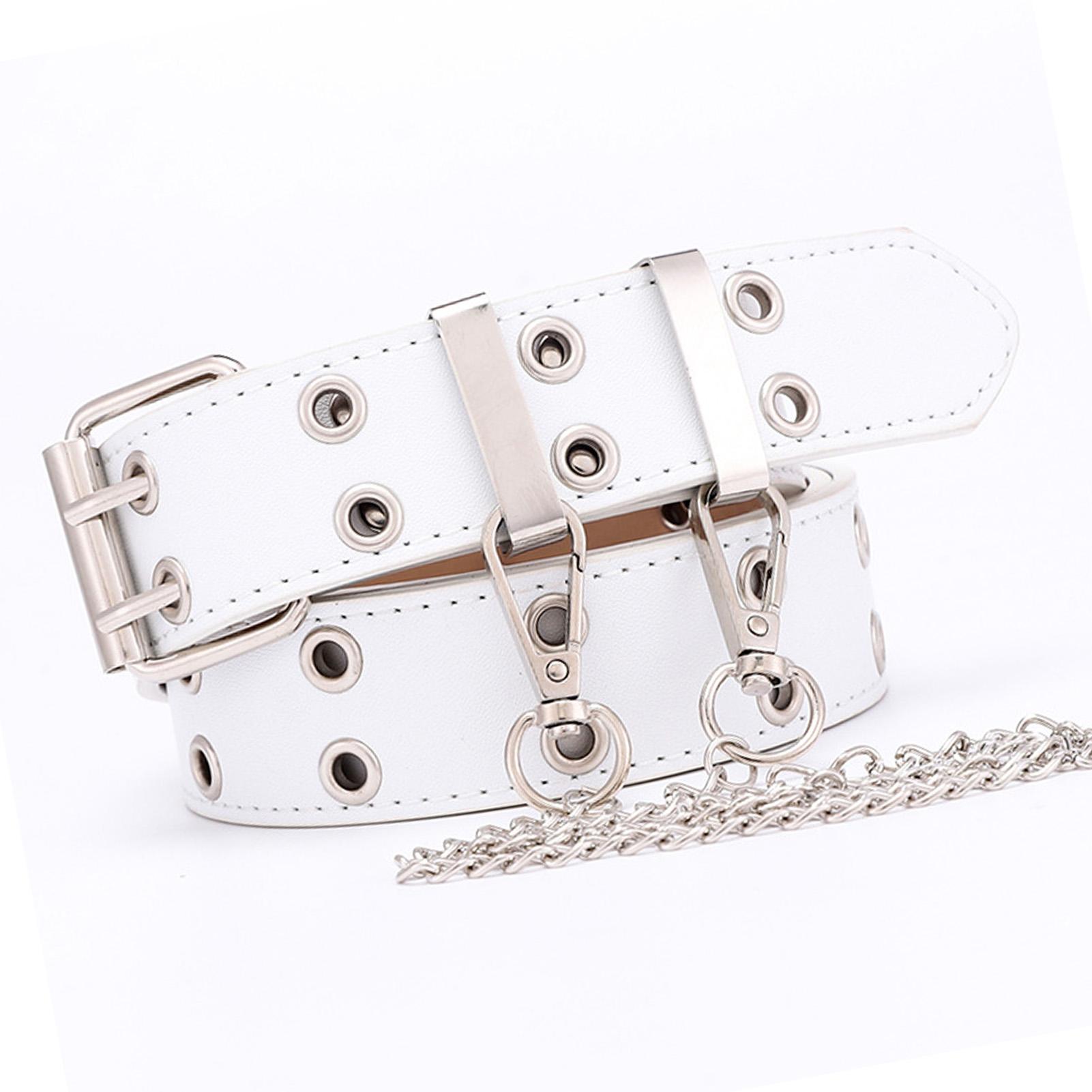 Ремень с двойными люверсами и цепочкой из ПУ кожи с 2 отверстиями, люверсами, не выцветающий, стильный, с цепочкой для украшения талии, белый, свободный размер