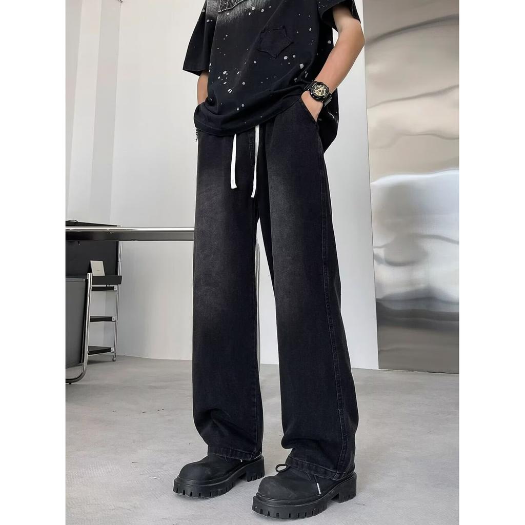 Retro Elastic Drawstring Jeans for Men and Women Looking Thin New Hip-hop Wind-washed Straight Loose Wide-leg Trousers