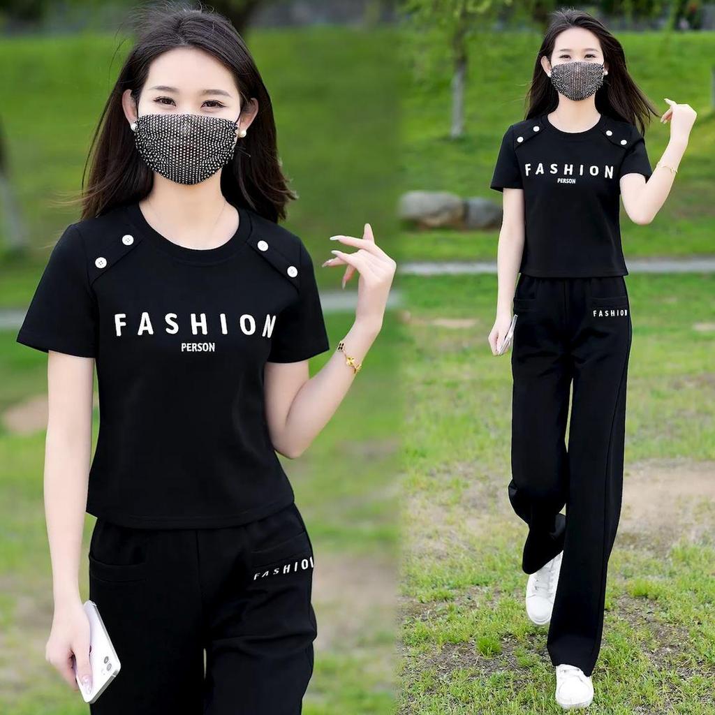 Youthful Summer 2025 Loose Round Neck Short Sleeve Top & Straight Leg Pants Set - Fashionable Sportswear for Versatile, Age-Reducing Style