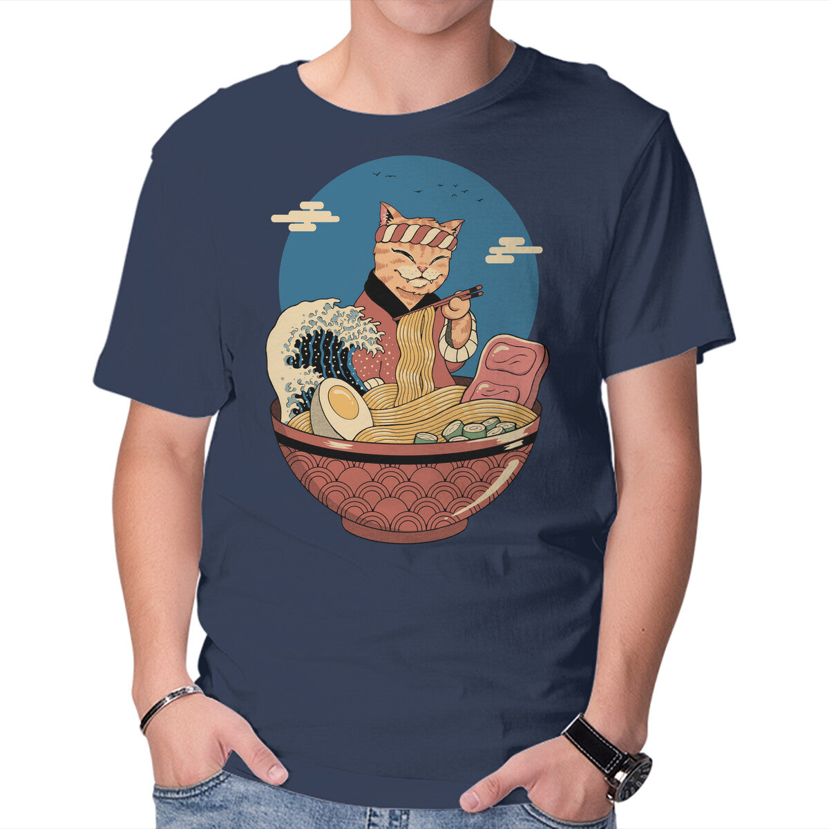 Unisex Crew Neck T-Shirt Catana Ramen Wave Graphic Short Sleeve Casual Tee XXXL