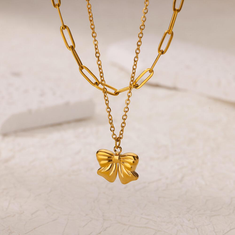 Stainless Steel Bowknot Pendant Necklace For Women Fashion Gold Color Clavicle Chain Bow Tie Necklaces Party Birthday Jewelry