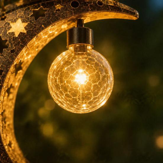 Waterproof Solar Powered Path Light Halloween Hanging Moon Cat Lamp with Ghost Star Charm, Black On Crescent Whimsical Sculpture for Garden Wind Chime