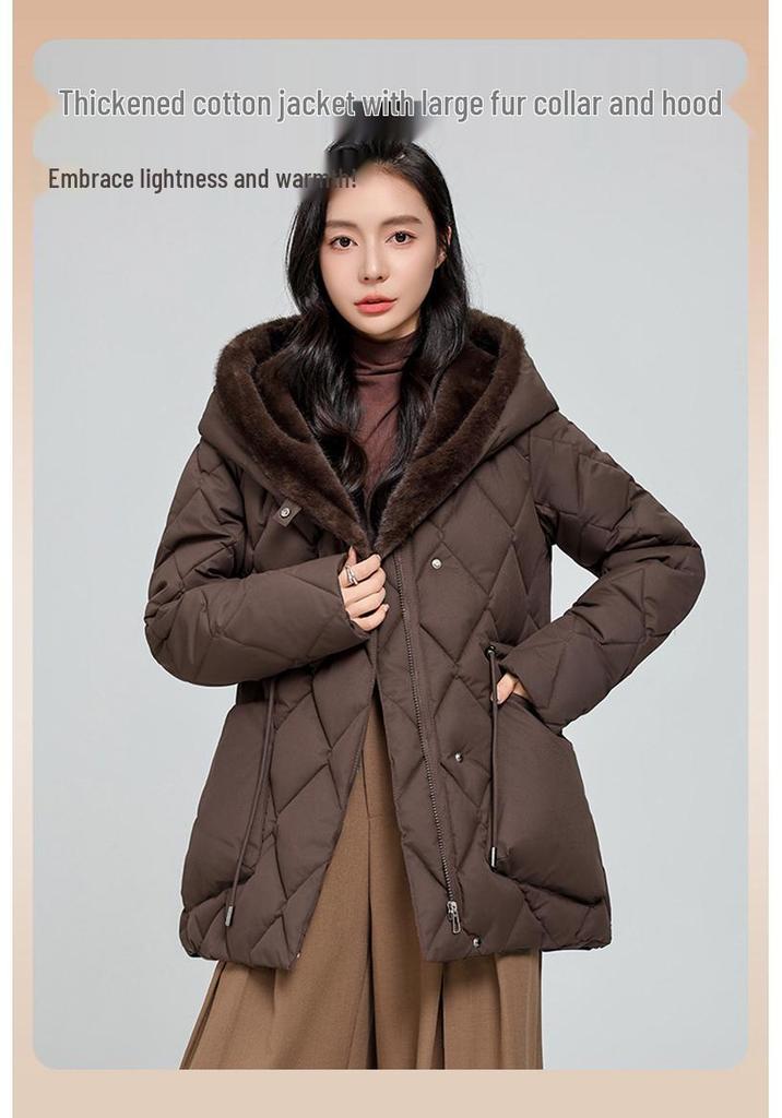 European Women's Mid-Length Hooded Cotton Jacket - 2026 Style, Loose Fit, Waist-Cinched, Fleece-Lined, Diamond Pattern, Thickened for Warmth