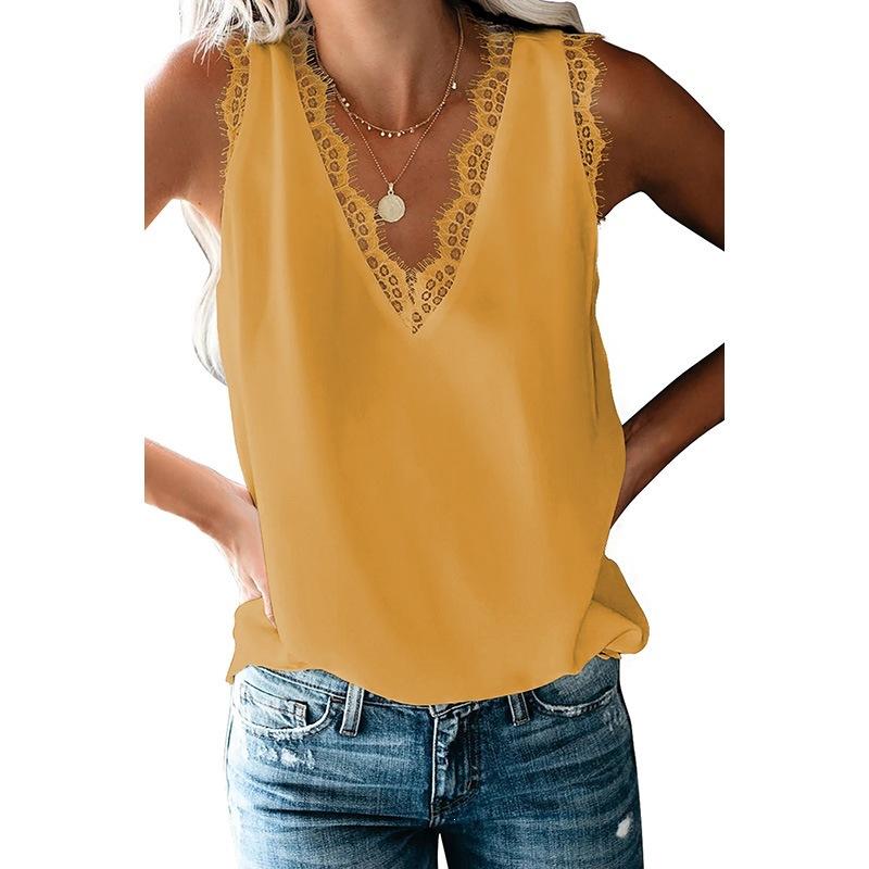 Women's V Neck Sleeveless Tank Top Loose Lace Trim Solid Color Casual Camisole