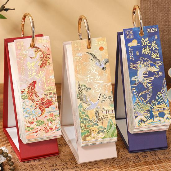 2026 Desk Flip Calendar Vintage Gold Stamping Painting Desktop Organizer Aesthetic Standing Calendar for Home Office