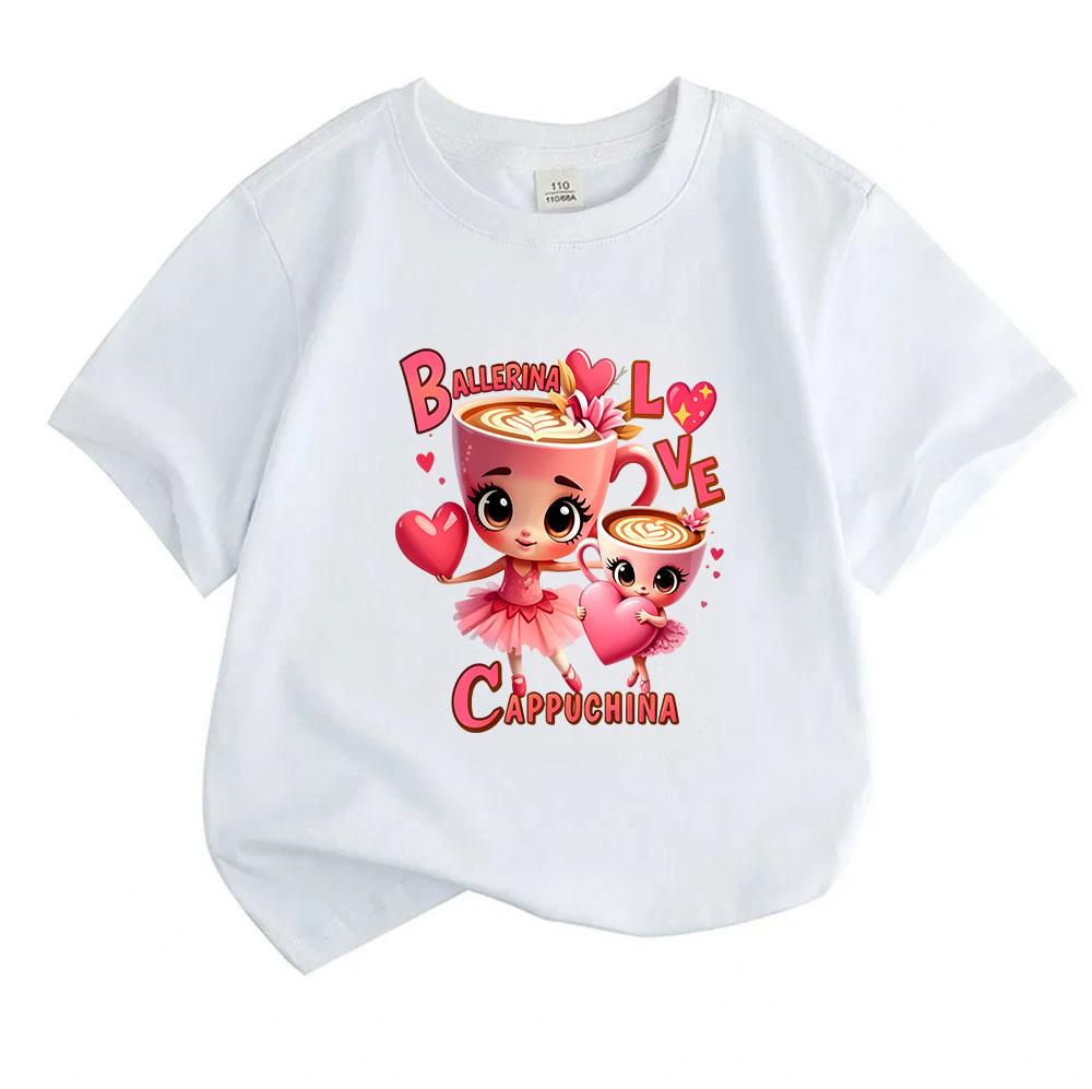 Kids Boys Girls 100% Cotton Crew Neck Short Sleeve T-Shirt, Cute Cappuccino Cup Ballerina Love Heart Print Casual Soft Tee for Daily Wear