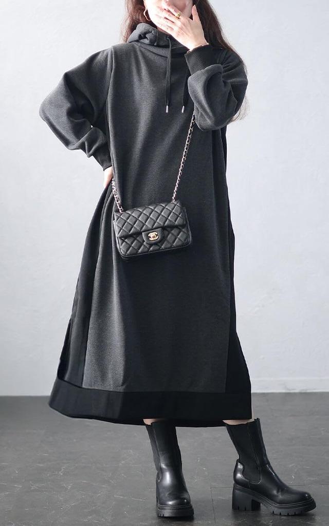 Gold Japan Plus Size Long Fleece Women's Dress, Sleeve, Two-Tone Hoodie, Lining, Anti-Static, Stretch, Fall/Winter, Charcoal, 4L, plan-460014