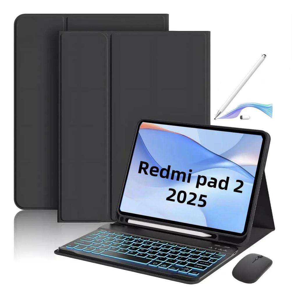 2025 Red Xiaomi Pad 2 Tablet Case with Magnetic Backlit Bluetooth Keyboard and Pen Slot for Redmi SE11