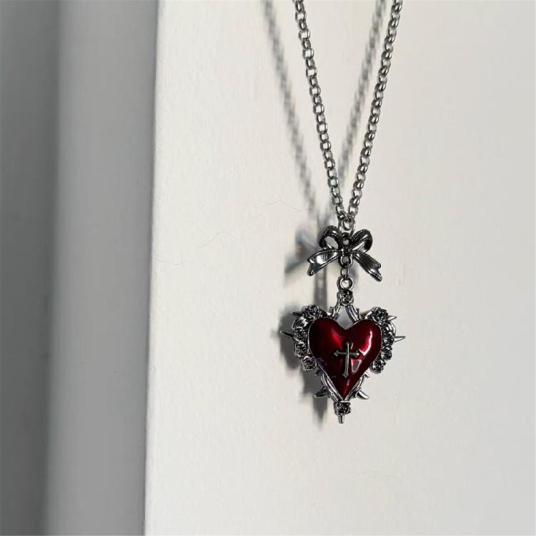 Multifunktionales gotisches Choker-Halsband für Damen mit Kreuz-Anhänger und Herz-Schleifenknoten-Akzent Partyzubehör Outfits