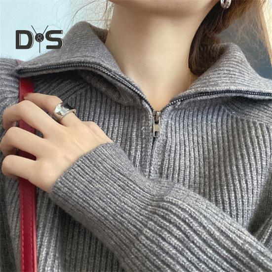 Women Sweater Coat Solid Color Lapel Long Sleeve Double Zipper Fly Design Knitting Coat Casual Commuting Style Outwear