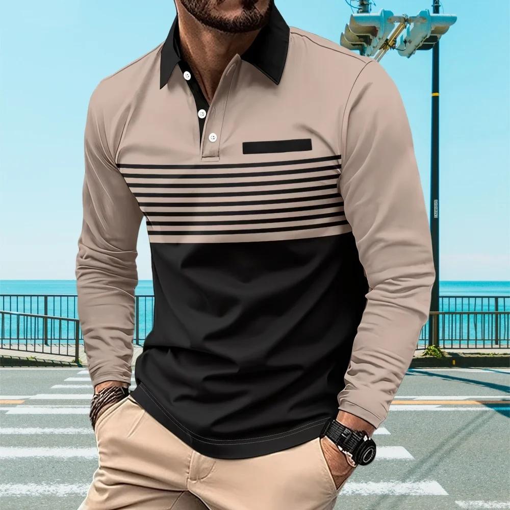 Mens Polo Shirts 3D Stripe Colorblock Print Fashion Sports Lapel Golf T-Shirt Men Tops Casual Long Sleeve T-Shirt Man Clothes