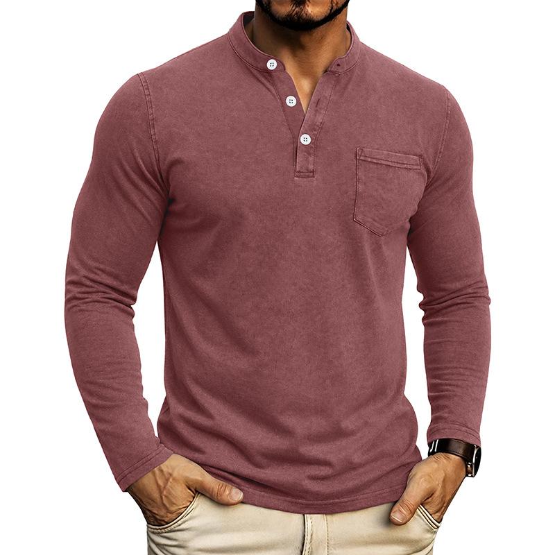 Men S Vintage Washed Long Sleeve Stand Collar Henley Shirt