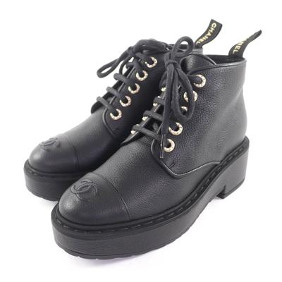 Ausgezeichnete CHANEL Stiefeletten schwarzes Leder Damen 36 20B G36416 Gebraucht