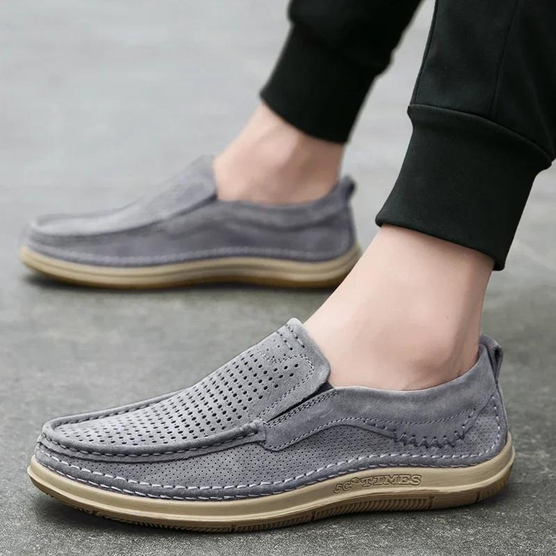 Fashion Luxury Genuine Leather Hollow Out Summer Loafers Mens Suede Casual Shoes Breathable Soft Driving Shoes Walking Shoes