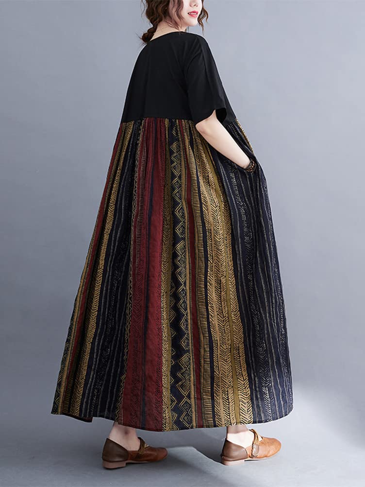 Minesam Summer Floral Print Short Sleeves Free Women's Dress, Two-Tone Design, Oversized, (01 Coffee, Size)