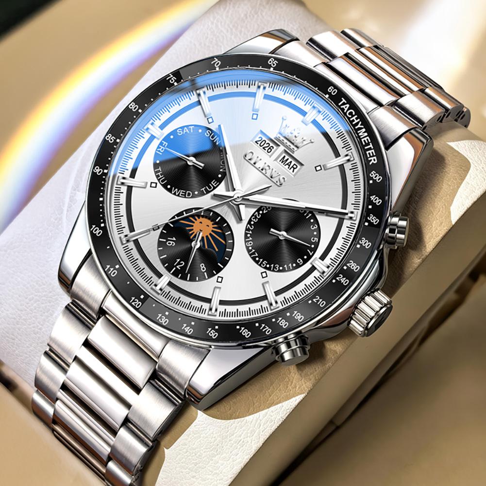 OLEVS Men Automatic Wristwatch Tachymeter Bezel Moon Phase Week Month Date Display Stainless Steel Waterproof Sport Watch