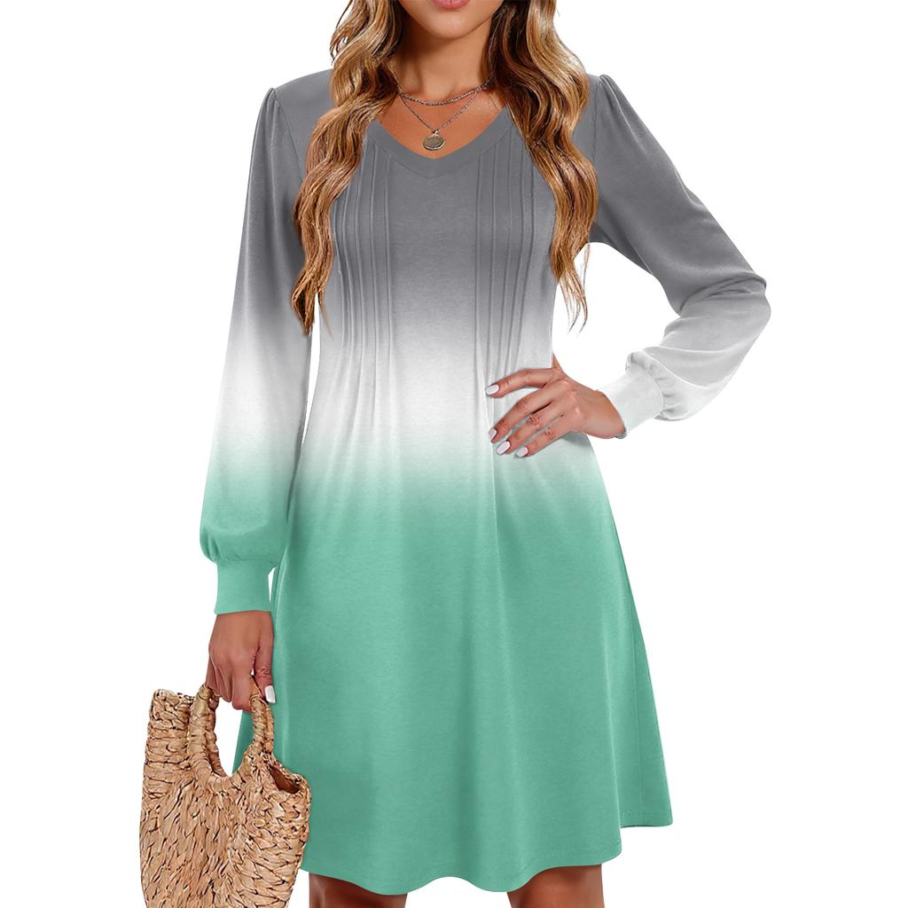 Ladies' Printed Casual And Fashionable V-neck Long Sleeved Mid Length Dress