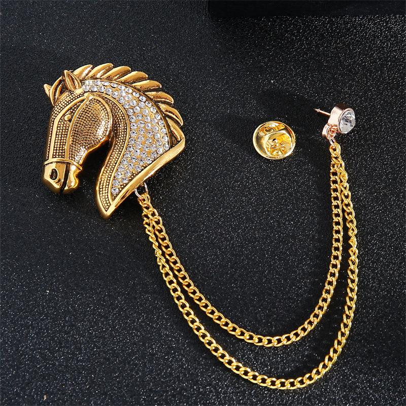 New Arrival Horse Shaped Brooch Animal Rhinestone Tassel Chain Lapel Pins Men s Shirt Collar Exquisite Fashion Accessory