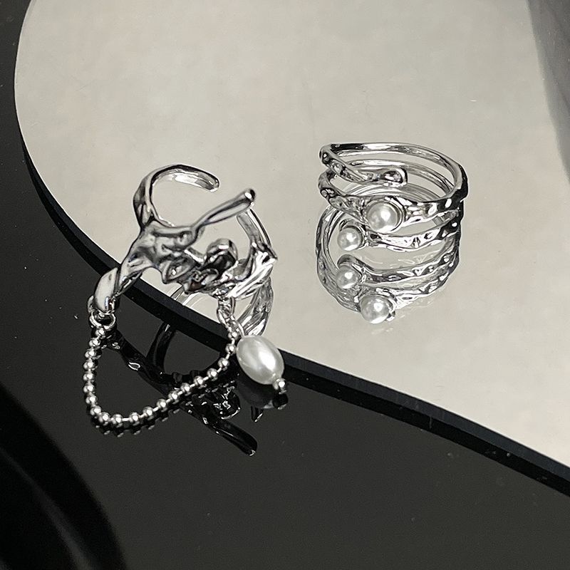Niche Design Sense Chain Personality Pearl French Irregular High Sense Fashion Retro Open Ring Women