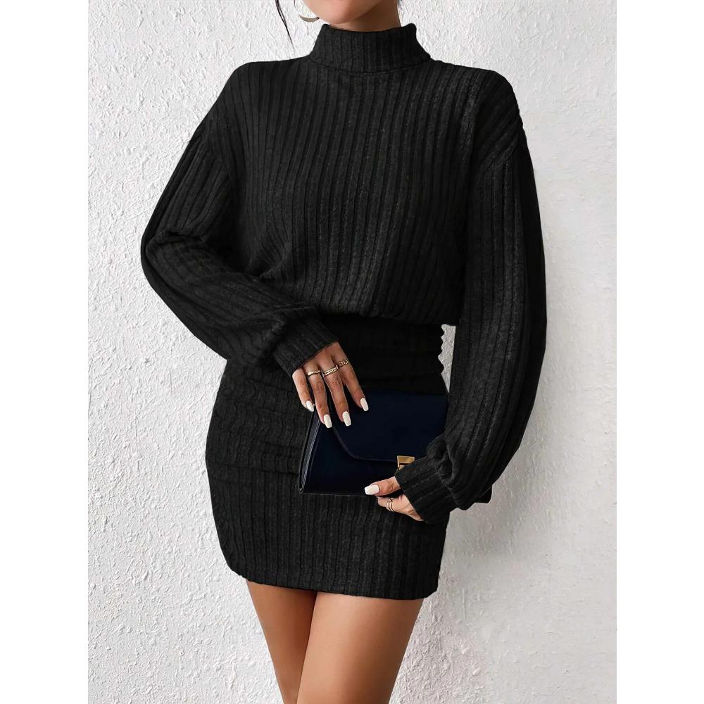 Women's Autumn Winter Fashion High Neck Knitted Sweater Dress Female Casual Solid Loose Long Sleeve Warm Mid Length Dresses