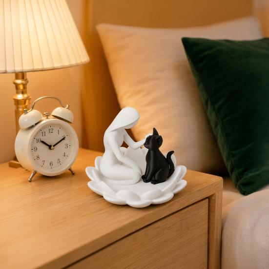 Human-Cat Interaction Shape Ornament, with Stable Non-Slip Lotus Base, Black And White Contrast Design, Ornament for Cat Lovers