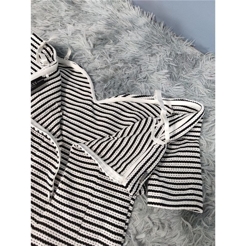 Export Single Gu Classic Black and White Stripes Contrast Color Hollow Concave-Convex Design Sling Short Collar Silm Sheath Dress