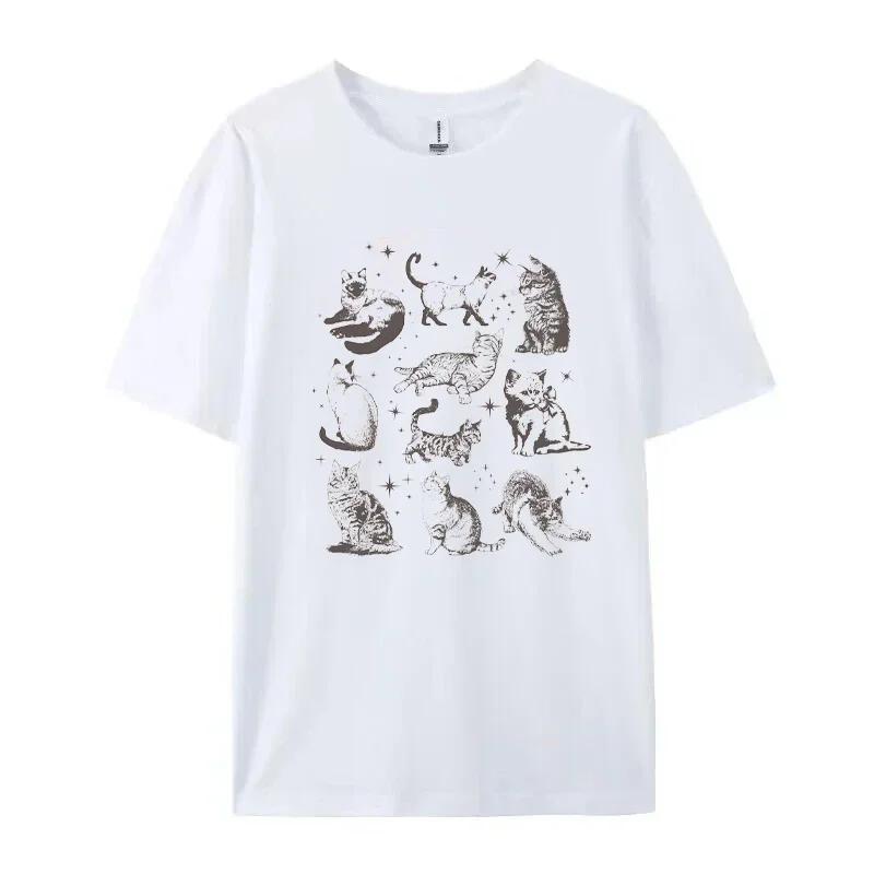 

Cat Graphic Tee Vintage Cat Shirt Kawaii Cute Cotton Loose Short Sleeve TShirt Comfortable Colorful TShirt Gift For Cat Lovers S
