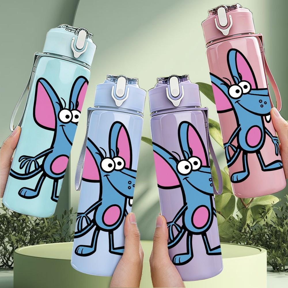 1PC Little Grey Mouse Cartoon 750ml Color Plastic Sports Water Bottle Leakproof Flip Straw Lid Suitable for Sports Office Home Use