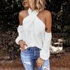 Women Solid Color Long Sleeve Sexy Halter Off Shoulder Back Zipper Blouse Top