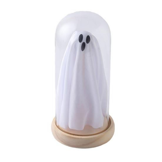 Halloween Indoor Ghost Decoration Light Up Ghost in Glass Cloche with Wood Base Cute Ghost Night Light for Home Kitchen Mantel Shelf Fireplace Decor