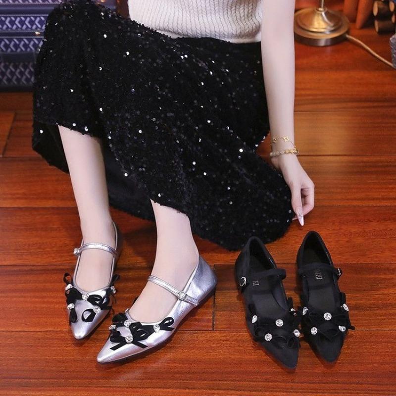 Fashion Women Sexy Pointed Toe Shoes Luxury Crystal Bow Sandals Dress Party New 2025 Designer Summer Loafers Buckle Shallow Zapatillas