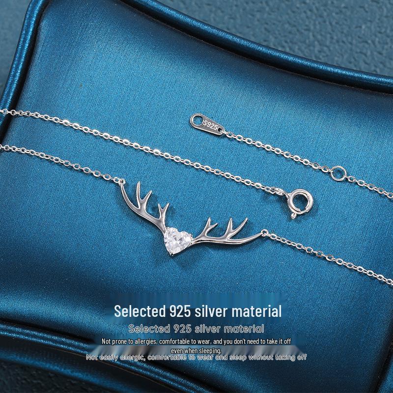 Korean Style S925 Sterling Silver Reindeer Antler Necklace - Cute Christmas Pendant Clavicle Chain