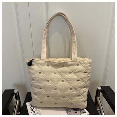 Casual Large Capacity Quilted Tote Bag Solid Color Argyle Pattern Shoulder Bag Bow Embroidery Lightweight Handbag