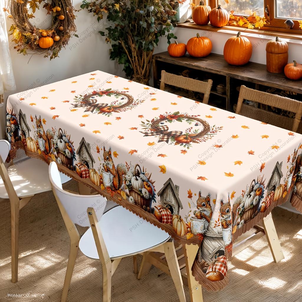 Fall Thanksgiving Theme Tablecloth for Table Decor Autumn Pumpkin Squirrel Florals Kitchen Dining Table Cloth Thanksgiving Decor