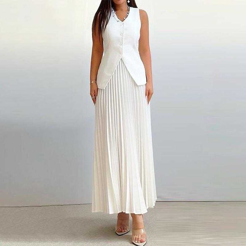 Spot 2024 European and American Suit Women's Vest Pleated Skirt Summer Solid Color High-end Elegant Women's Clothing Two-piece Set
