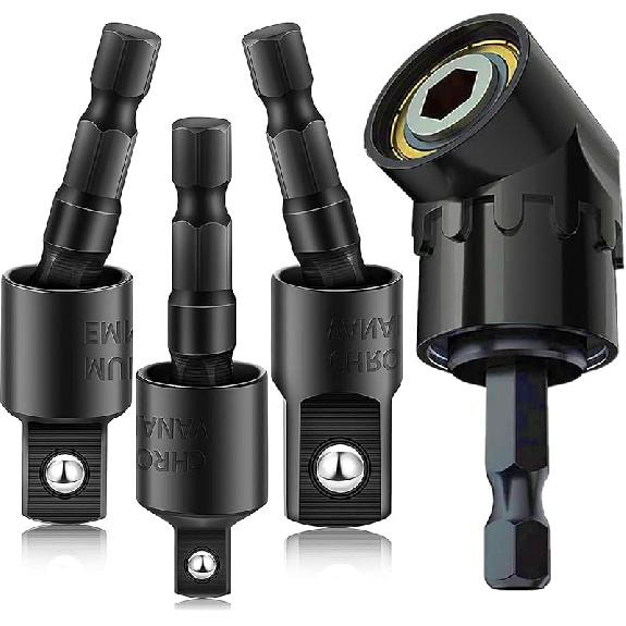 Impact Grade Power Hand Tools Driver Sockets Adapter Extension Set, 3Pcs 1/4 3/8 1/2" Hex Shank Drill Nut Driver Bit Set + 105 Degree Right Angle