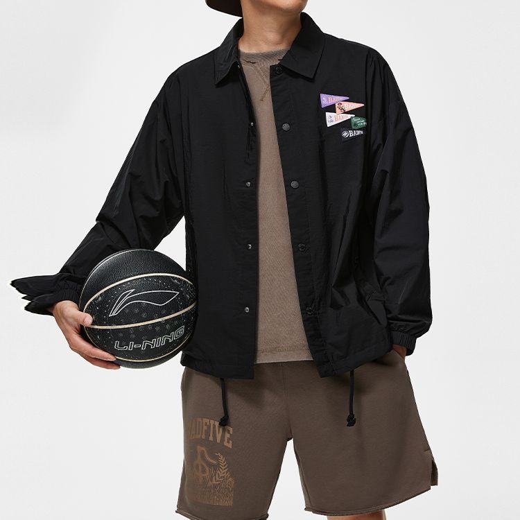 Li-Ning Anti Wu Series American Retro Letter Print Loose Fit Jacket With Turn-Down Collar Men Jacket Black AFDT439-3