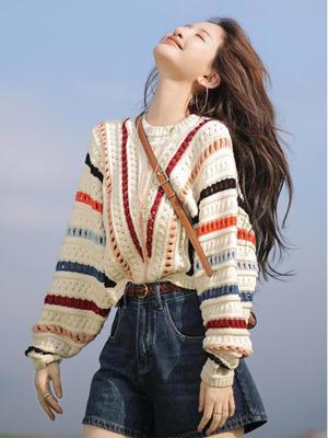 Women's Striped Knit Sweater - Autumn/Winter Loose Fit Crochet Top