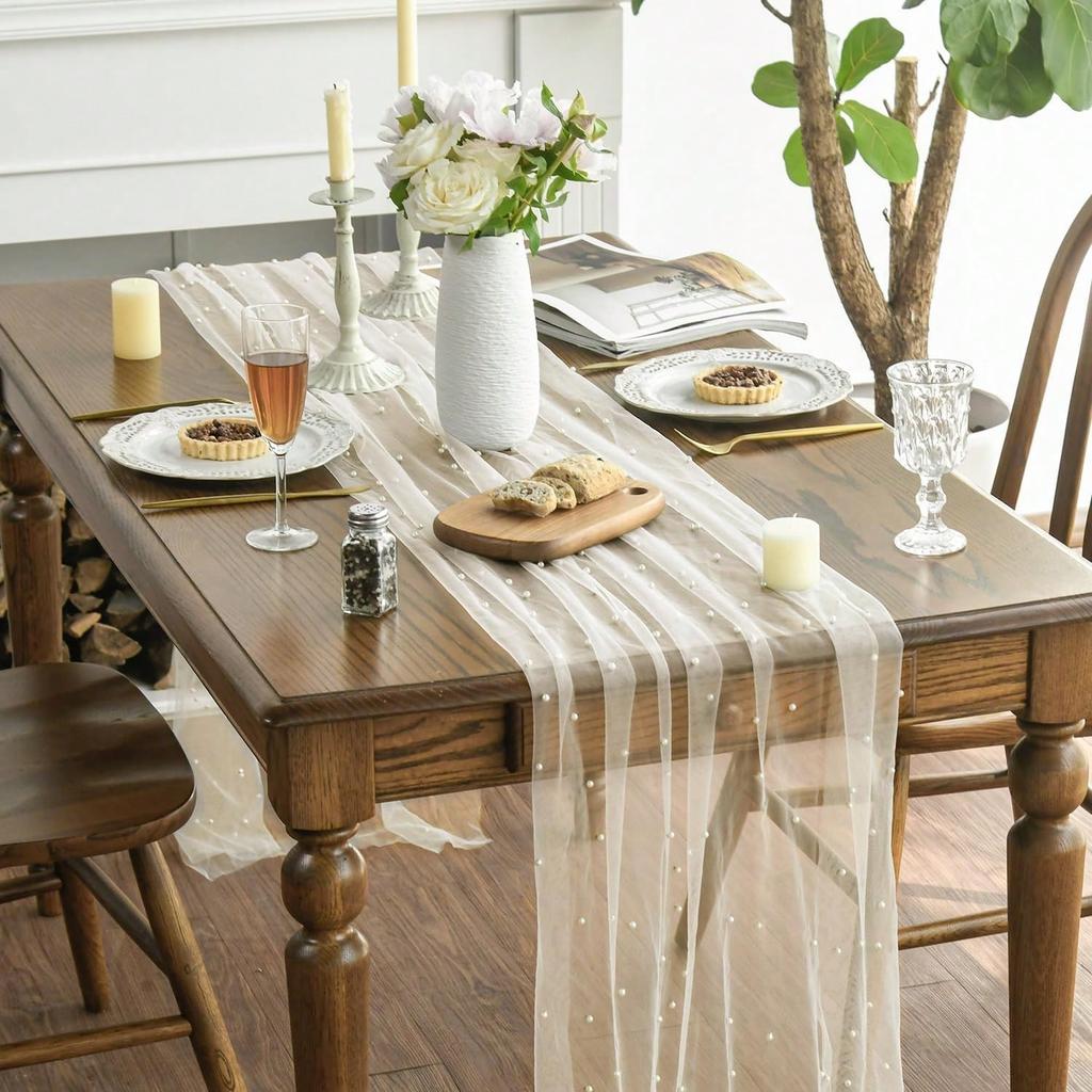 Luxurious Pearl Tulle Table Runner, 120 Inches Seasonal Tulle Table Decoration Suitable For Holidays Weddings  Birthdays  Family Gatherings.